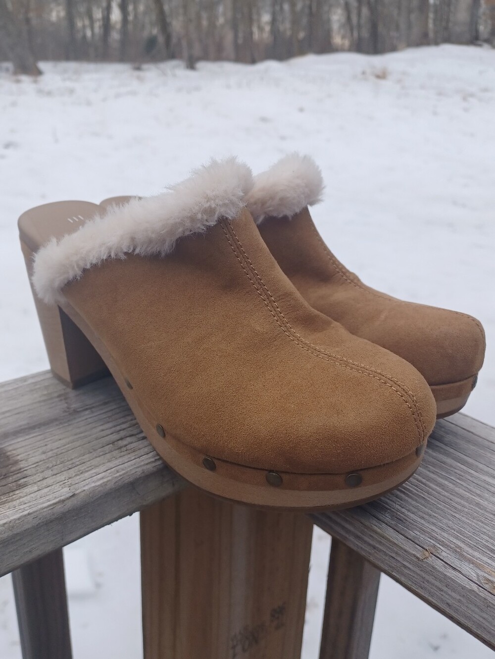 Esprit Chunky Heel Clog Shoes Womens 8.5M Tan/Brown White Faux Fur Trim Mules